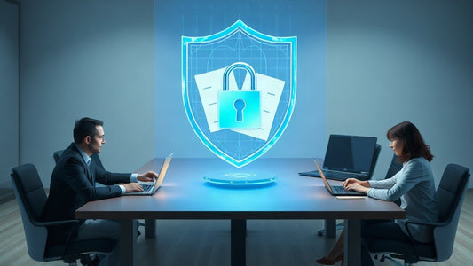 Équipe au travail sous un bouclier de protection des données : ChatGPT Business et RGPD en entreprise
