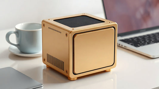 Mini supercalculateur IA doré posé sur un bureau à côté d'un ordinateur portable : NVIDIA DGX Spark