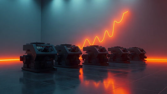 Rangée de mineurs ASIC sous une courbe lumineuse : rentabilité du minage Bitcoin en octobre 2026