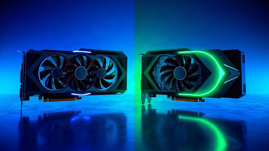 Deux cartes graphiques face à face, l'une bleue, l'autre verte : RTX 5060 Ti contre RTX 5070 Ti pour l'IA