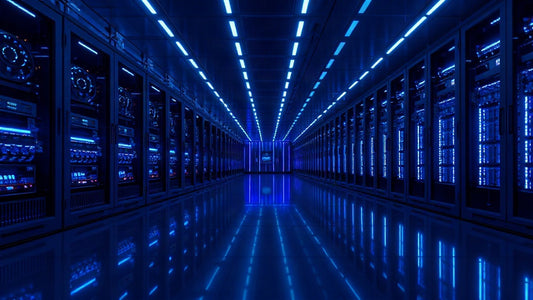 Allée de datacenter avec des baies de serveurs IA éclairées en bleu