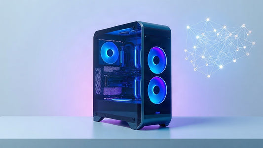 PC IA à panneau vitré avec carte graphique et réseau de neurones lumineux