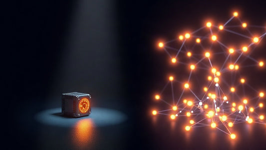 Un petit mineur seul sous un projecteur face à un réseau de mineurs connectés : solo mining ou pool de minage