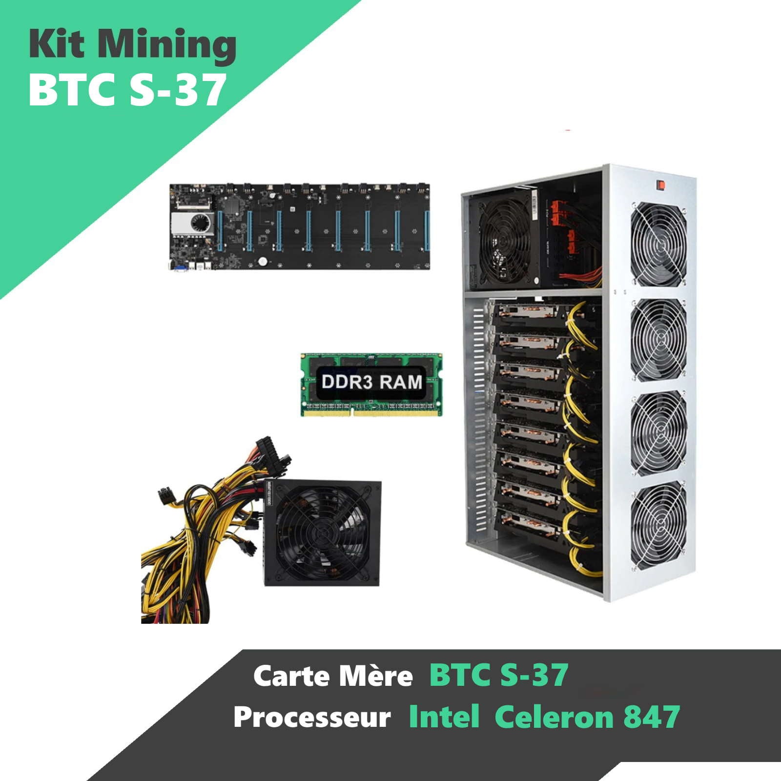 Kit Mining 8 GPU BTC-S37 Boitier Carte mère Processeur Ram