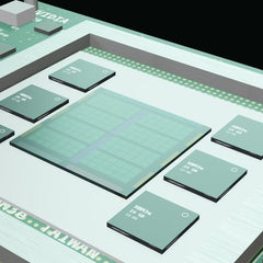 La puce GH100 du NVIDIA H200 entourée de ses six piles de mémoire HBM3e, rendu de notre modèle 3D