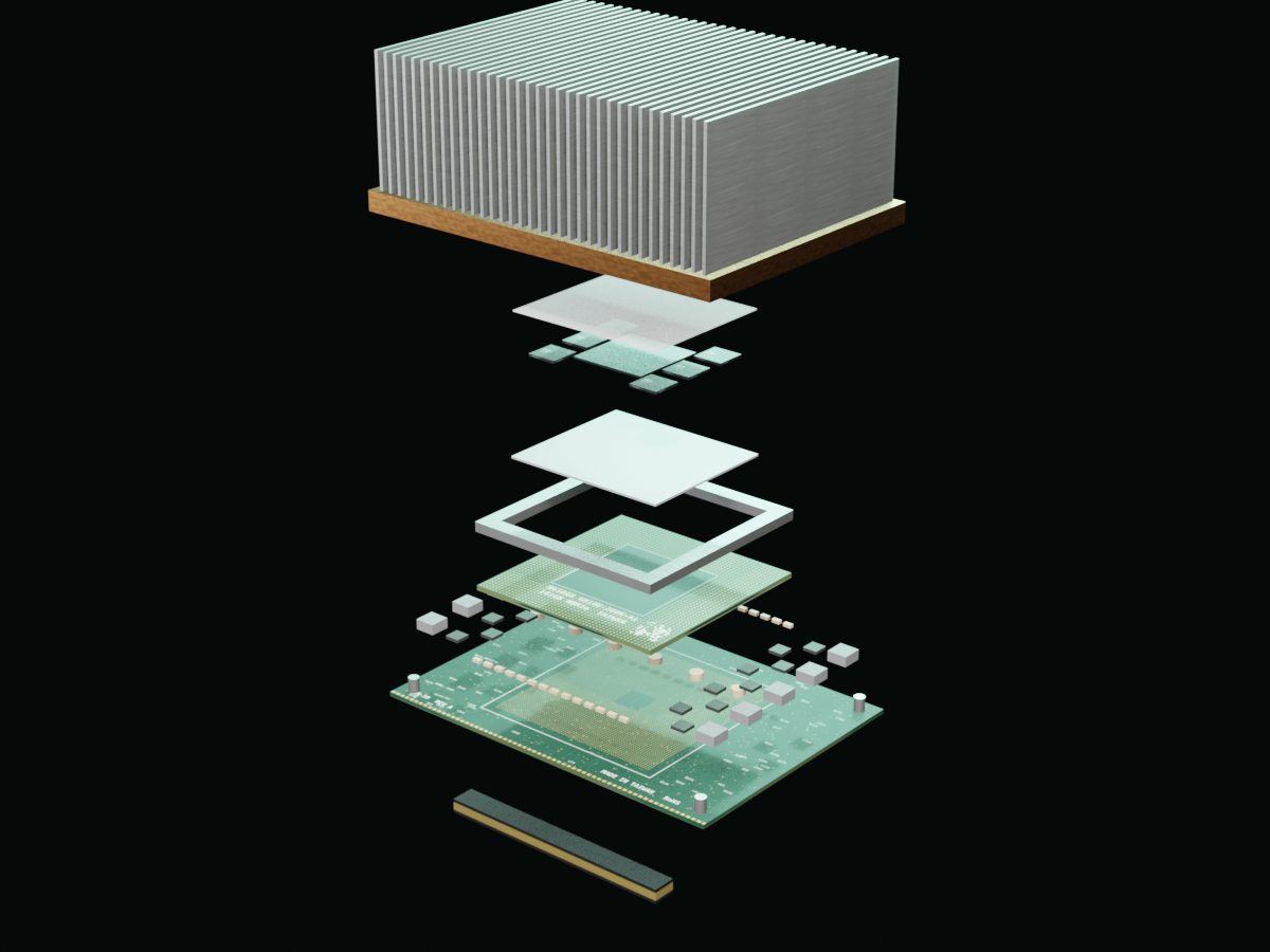 Vue éclatée 3D du module NVIDIA H200 SXM : dissipateur, mémoire HBM3e, puce GH100, interposeur, substrat, carte SXM5 et connecteurs